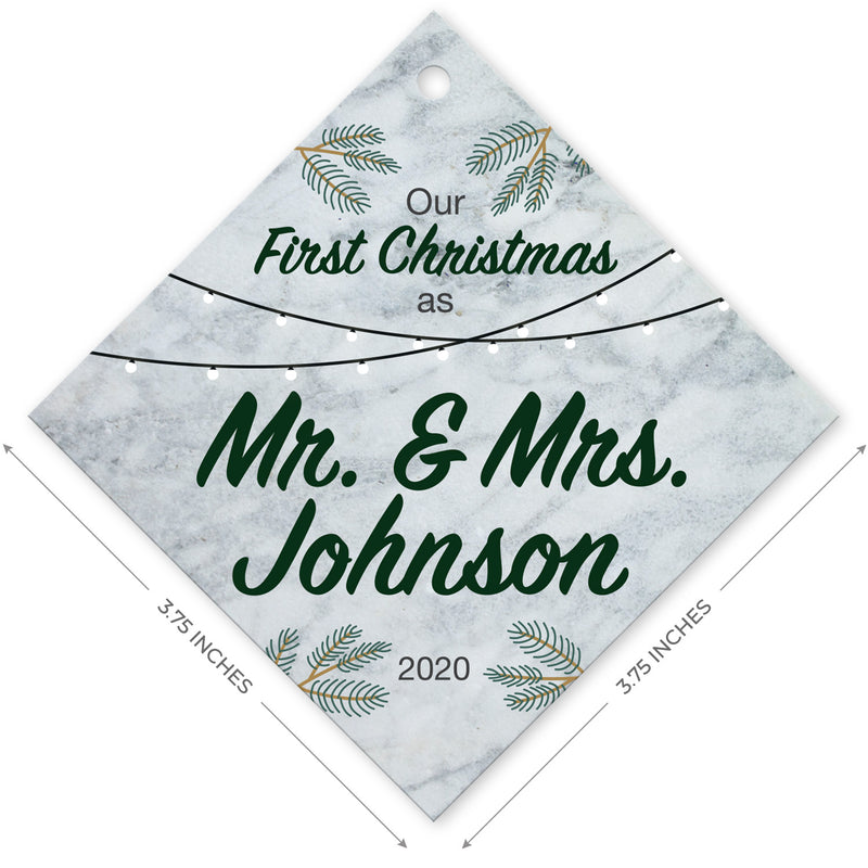 Personalized Christmas Ornaments, Our First Christmas As Mr & Mrs 2020 Ornament, Diamond Metal Ornament, Velvet Pouch Included