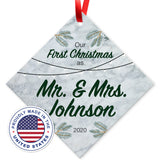 Personalized Christmas Ornaments, Our First Christmas As Mr & Mrs 2020 Ornament, Diamond Metal Ornament, Velvet Pouch Included