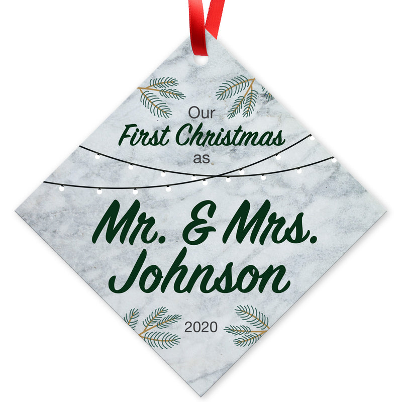 Personalized Christmas Ornaments, Our First Christmas As Mr & Mrs 2020 Ornament, Diamond Metal Ornament, Velvet Pouch Included