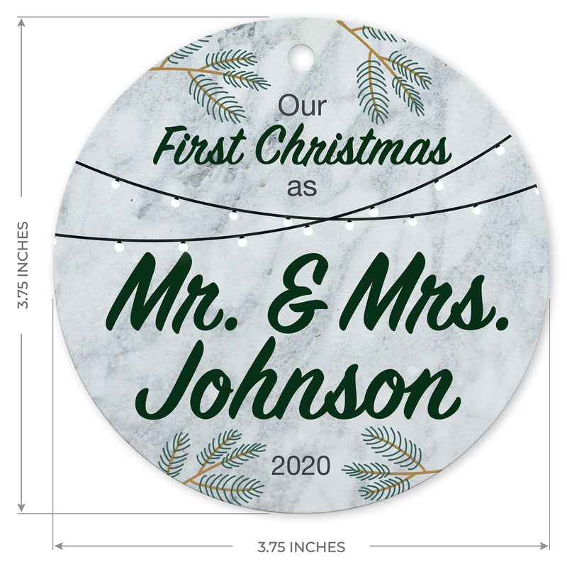 Personalized Christmas Ornaments, Our First Christmas As Mr & Mrs 2020 Ornament, Rectangle Metal Ornament, Velvet Pouch Included