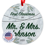 Personalized Christmas Ornaments, Our First Christmas As Mr & Mrs 2020 Ornament, Rectangle Metal Ornament, Velvet Pouch Included