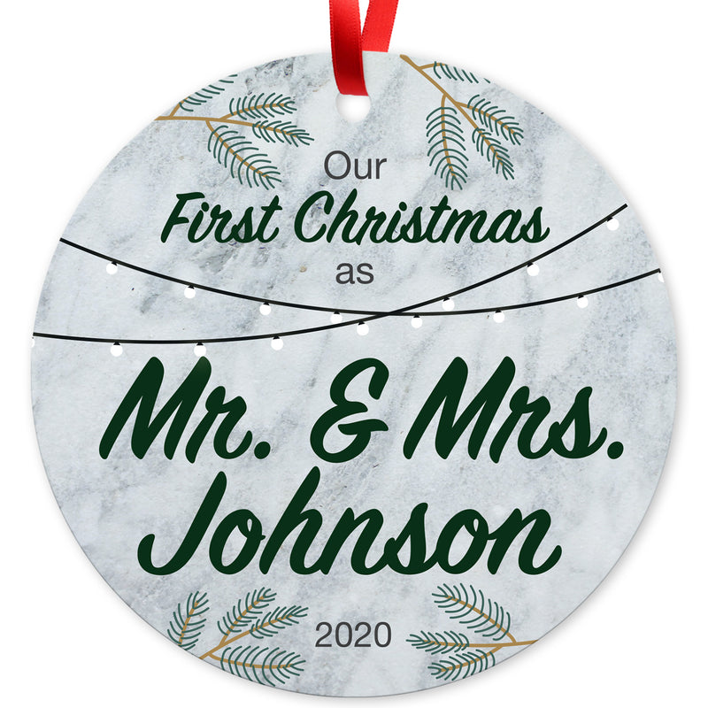 Personalized Christmas Ornaments, Our First Christmas As Mr & Mrs 2020 Ornament, Rectangle Metal Ornament, Velvet Pouch Included