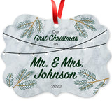 Personalized Christmas Ornaments, Our First Christmas As Mr & Mrs 2020 Ornament, Round Metal Ornament, Velvet Pouch Included