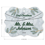 Personalized Christmas Ornaments, Our First Christmas As Mr & Mrs 2020 Ornament, Round Metal Ornament, Velvet Pouch Included