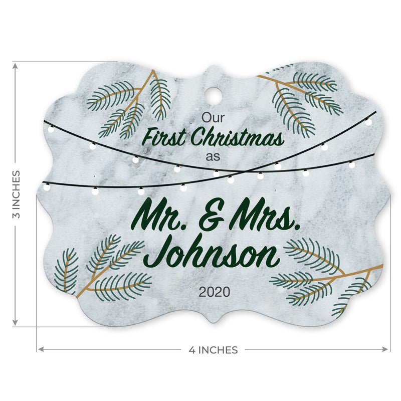 Personalized Christmas Ornaments, Our First Christmas As Mr & Mrs 2020 Ornament, Round Metal Ornament, Velvet Pouch Included