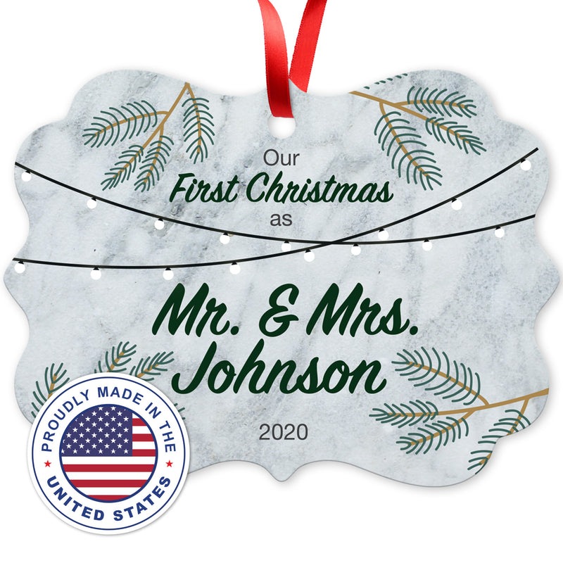 Personalized Christmas Ornaments, Our First Christmas As Mr & Mrs 2020 Ornament, Round Metal Ornament, Velvet Pouch Included