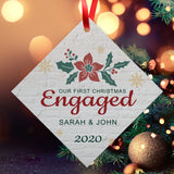 Personalized Christmas Ornament 2020, Our First Christmas Engaged 2020 Ornament, Diamond Metal Ornament, Velvet Pouch Included