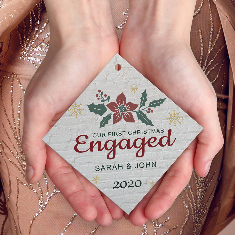 Personalized Christmas Ornament 2020, Our First Christmas Engaged 2020 Ornament, Diamond Metal Ornament, Velvet Pouch Included