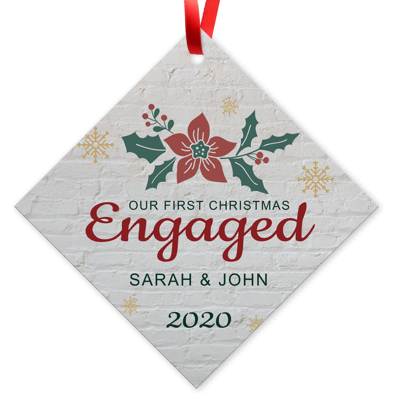 Personalized Christmas Ornament 2020, Our First Christmas Engaged 2020 Ornament, Diamond Metal Ornament, Velvet Pouch Included