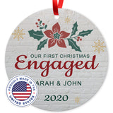 Personalized Christmas Ornament 2020, Our First Christmas Engaged 2020 Ornament, Rectangle Metal Ornament, Velvet Pouch Included