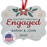 Personalized Christmas Ornament 2020, Our First Christmas Engaged 2020 Ornament, Round Metal Ornament, Velvet Pouch Included