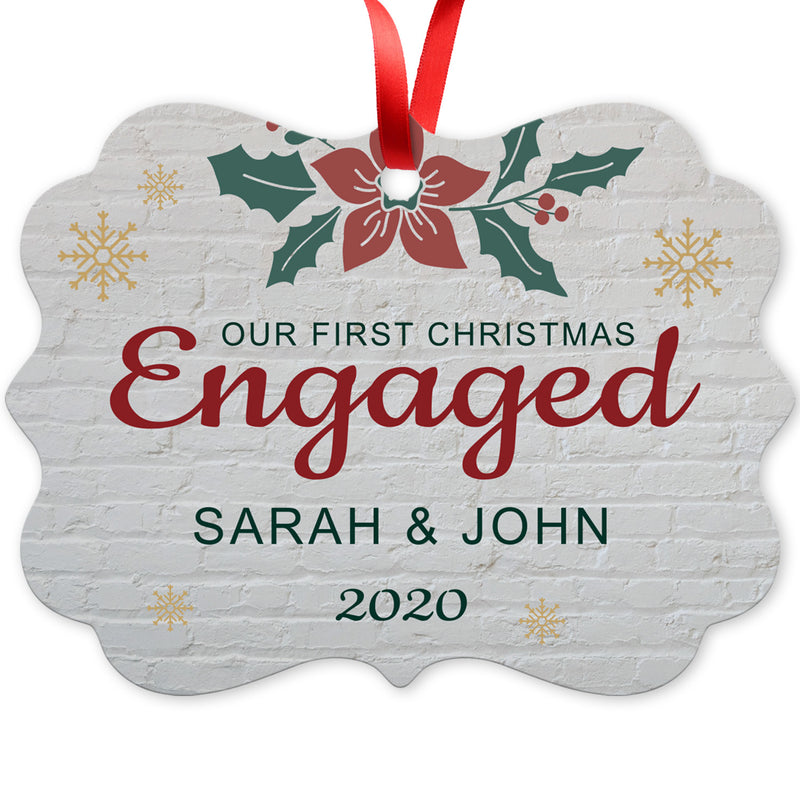 Personalized Christmas Ornament 2020, Our First Christmas Engaged 2020 Ornament, Round Metal Ornament, Velvet Pouch Included