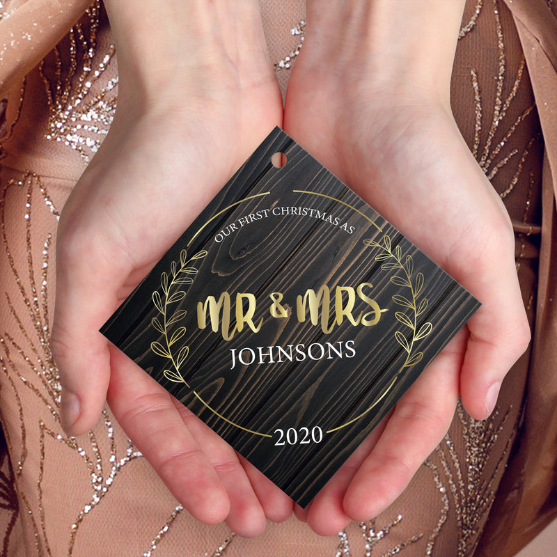 Personalized Ornament, Mr & Mrs 2020 Ornament, Diamond Metal Ornament, Velvet Pouch Included