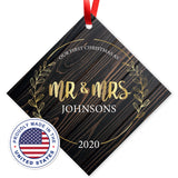 Personalized Ornament, Mr & Mrs 2020 Ornament, Diamond Metal Ornament, Velvet Pouch Included