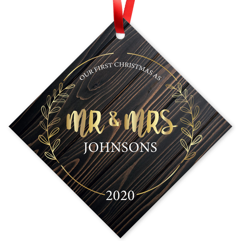 Personalized Ornament, Mr & Mrs 2020 Ornament, Diamond Metal Ornament, Velvet Pouch Included