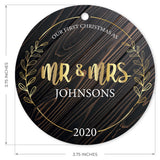 Personalized Ornament, Mr & Mrs 2020 Ornament, Round Metal Ornament, Velvet Pouch Included