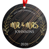 Personalized Ornament, Mr & Mrs 2020 Ornament, Round Metal Ornament, Velvet Pouch Included