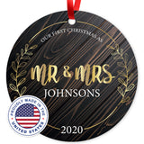 Personalized Ornament, Mr & Mrs 2020 Ornament, Round Metal Ornament, Velvet Pouch Included