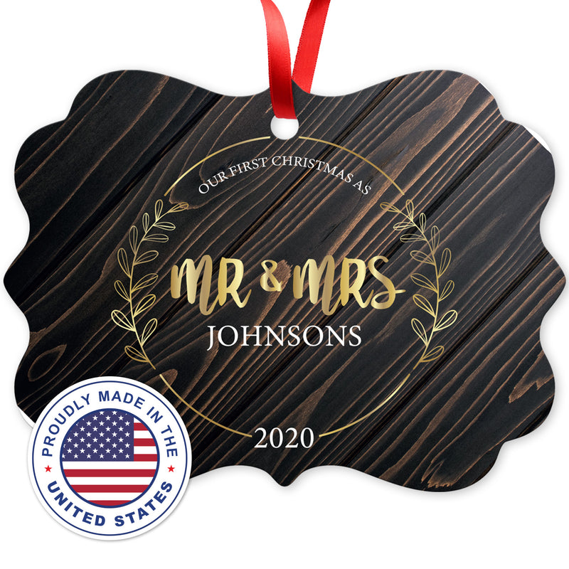 Personalized Ornament, Mr & Mrs 2020 Ornament, Rectangle Metal Ornament, Velvet Pouch Included