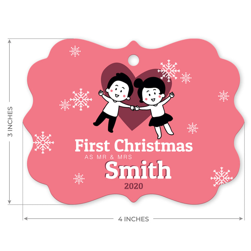 Personalized Christmas Ornaments, First Christmas As Mr & Mrs 2020 Ornament, Round Metal Ornament, Velvet Pouch Included