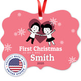 Personalized Christmas Ornaments, First Christmas As Mr & Mrs 2020 Ornament, Round Metal Ornament, Velvet Pouch Included