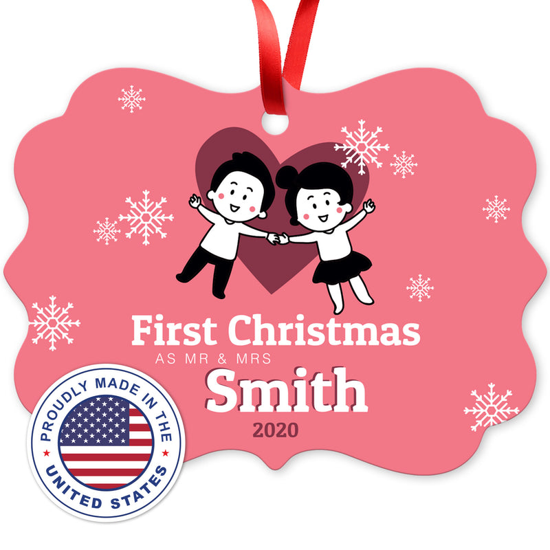 Personalized Christmas Ornaments, First Christmas As Mr & Mrs 2020 Ornament, Round Metal Ornament, Velvet Pouch Included