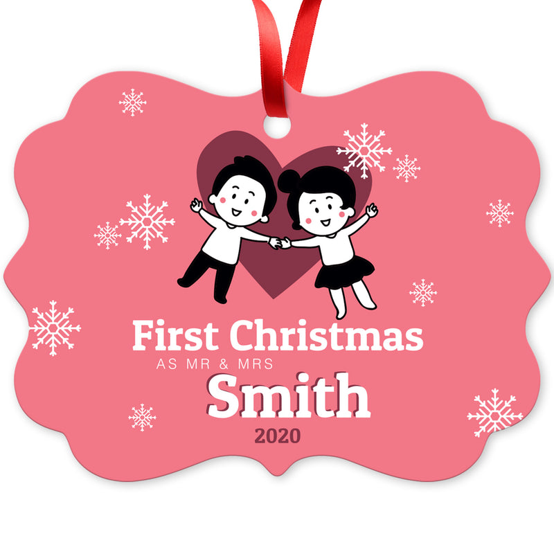 Personalized Christmas Ornaments, First Christmas As Mr & Mrs 2020 Ornament, Round Metal Ornament, Velvet Pouch Included