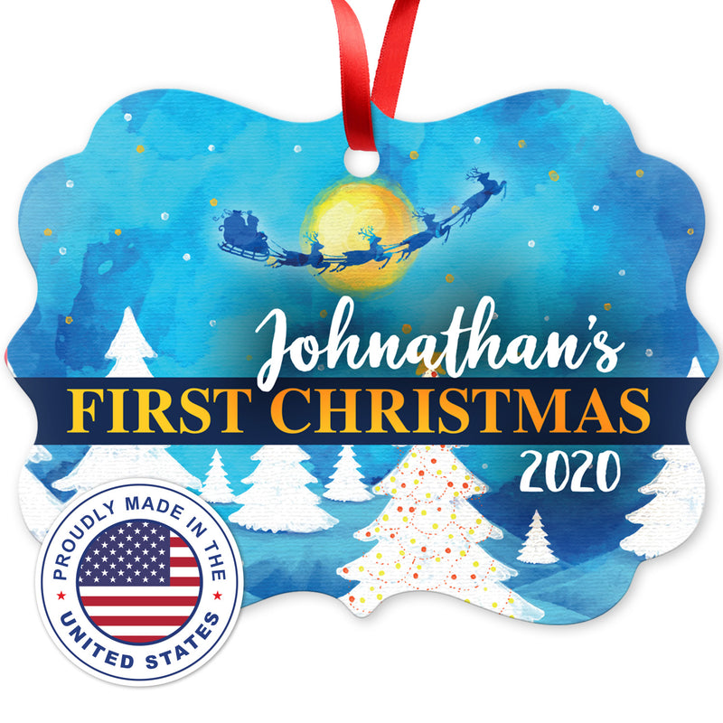 Personalized Christmas Ornaments 2020, First Christmas 2020 Ornament Round Metal Ornament, Velvet Pouch Included