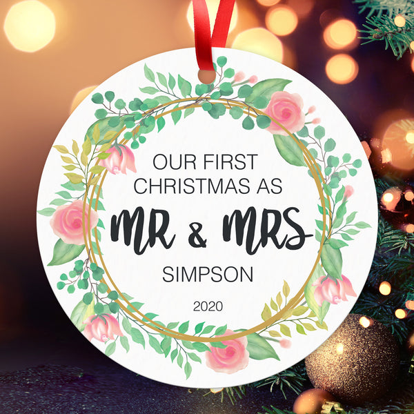 Personalized Christmas Ornaments, Our First Christmas As Mr & Mrs 2022 Ornament, Round Metal Ornament, Velvet Pouch Included