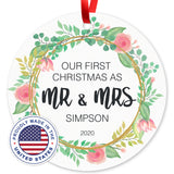 Personalized Christmas Ornaments, Our First Christmas As Mr & Mrs 2022 Ornament, Round Metal Ornament, Velvet Pouch Included