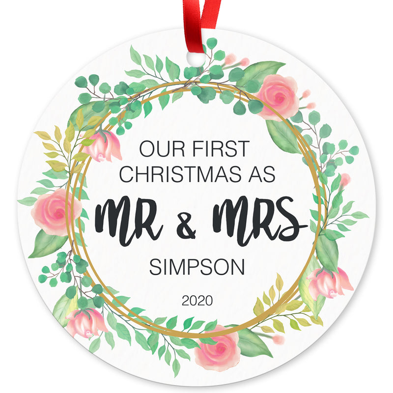 Personalized Christmas Ornaments, Our First Christmas As Mr & Mrs 2022 Ornament, Round Metal Ornament, Velvet Pouch Included