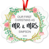 Personalized Christmas Ornaments, Our First Christmas As Mr & Mrs 2022 Ornament, Rectangle Metal Ornament, Velvet Pouch Included