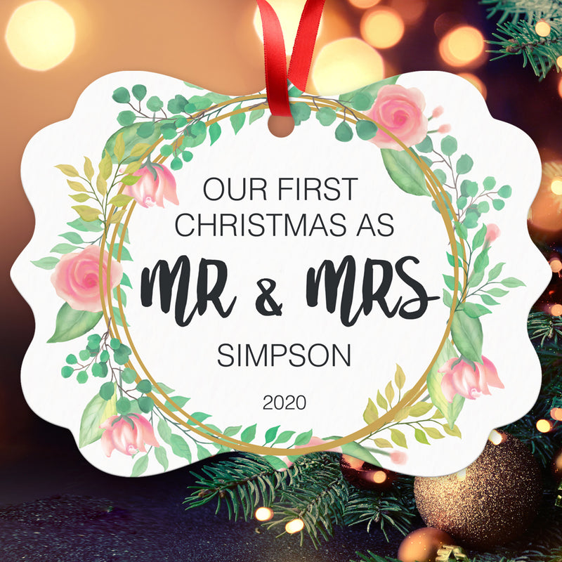 Personalized Christmas Ornaments, Our First Christmas As Mr & Mrs 2022 Ornament, Rectangle Metal Ornament, Velvet Pouch Included