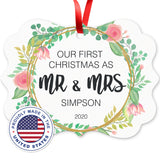 Personalized Christmas Ornaments, Our First Christmas As Mr & Mrs 2022 Ornament, Rectangle Metal Ornament, Velvet Pouch Included