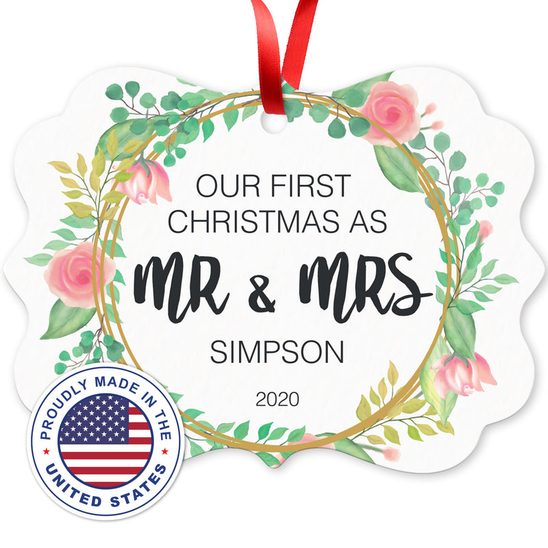 Personalized Christmas Ornaments, Our First Christmas As Mr & Mrs 2022 Ornament, Rectangle Metal Ornament, Velvet Pouch Included