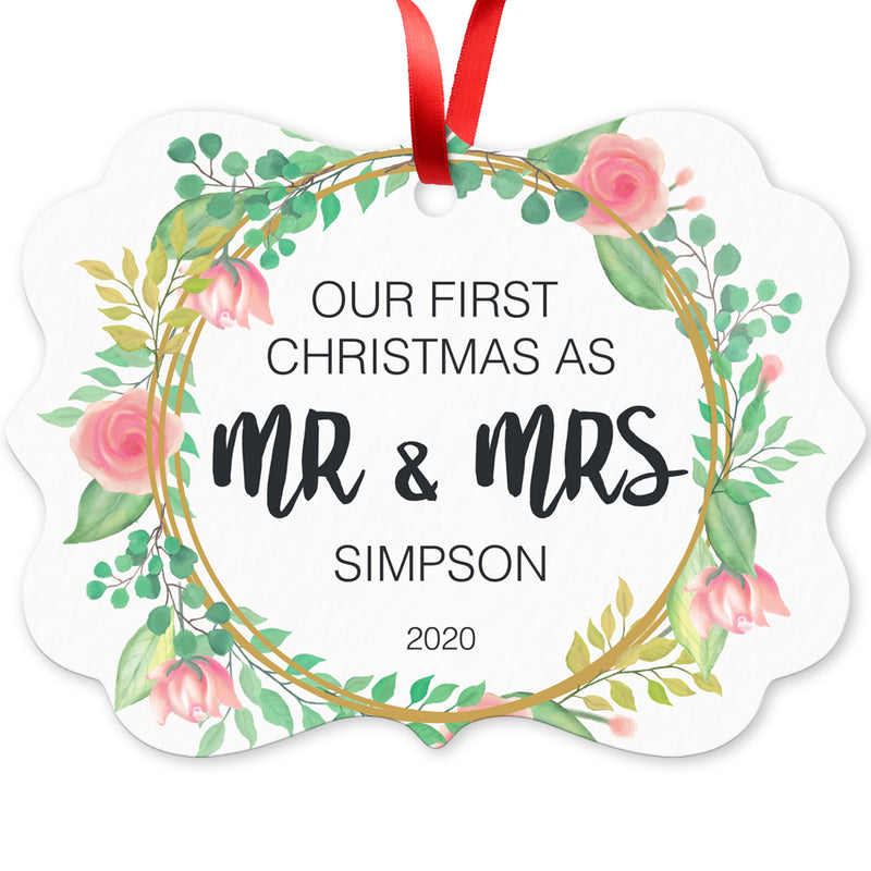 Personalized Christmas Ornaments, Our First Christmas As Mr & Mrs 2022 Ornament, Rectangle Metal Ornament, Velvet Pouch Included