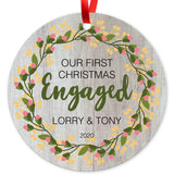 Personalized Christmas Ornaments 2020, Our First Christmas Engaged 2020 Ornament, Round Metal Ornament, Velvet Pouch Included