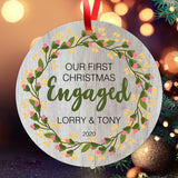 Personalized Christmas Ornaments 2020, Our First Christmas Engaged 2020 Ornament, Round Metal Ornament, Velvet Pouch Included