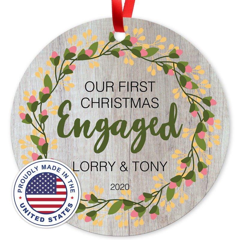 Personalized Christmas Ornaments 2020, Our First Christmas Engaged 2020 Ornament, Round Metal Ornament, Velvet Pouch Included