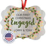 Personalized Christmas Ornaments 2020, Our First Christmas Engaged 2020 Ornament, Rectangle Metal Ornament, Velvet Pouch Included