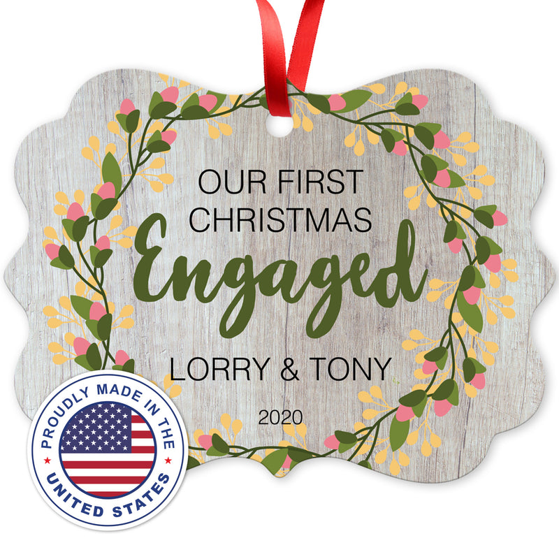 Personalized Christmas Ornaments 2020, Our First Christmas Engaged 2020 Ornament, Rectangle Metal Ornament, Velvet Pouch Included