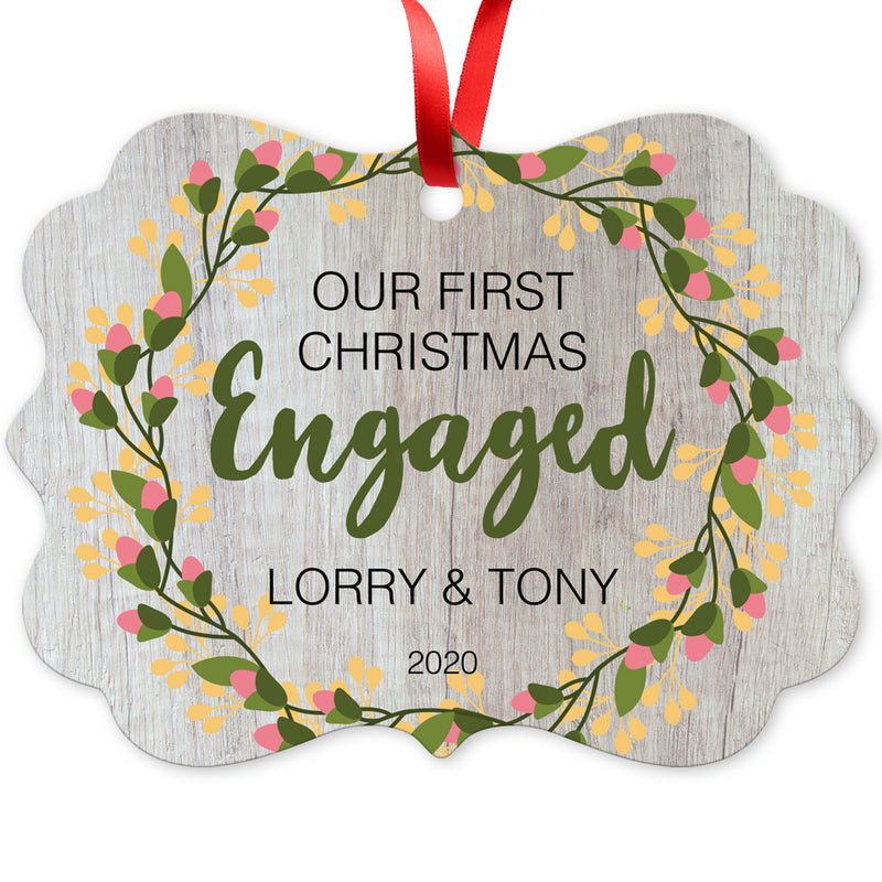 Personalized Christmas Ornaments 2020, Our First Christmas Engaged 2020 Ornament, Rectangle Metal Ornament, Velvet Pouch Included