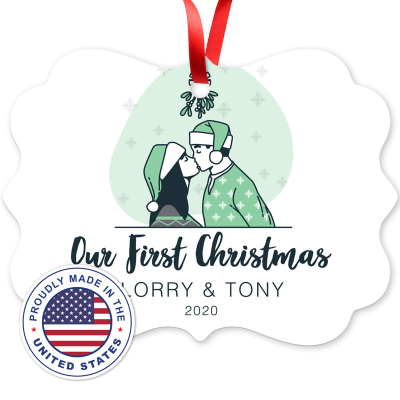 Personalized Ornament, Our First Christmas 2020 Ornament, Rectangle Metal Ornament, Velvet Pouch Included