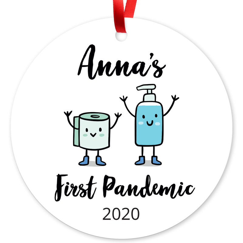 Personalized Christmas Ornaments 2020, First Pandemic 2020 Ornament, Round Metal Ornament, Velvet Pouch Included