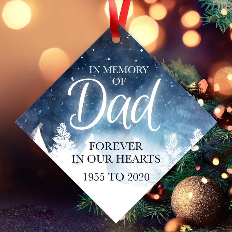 Personalized Ornament, In Memory Of Dad Forever In Our Hearts Ornament, Diamond Metal Ornament, Velvet Pouch Included