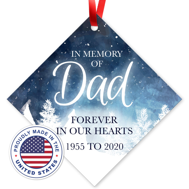 Personalized Ornament, In Memory Of Dad Forever In Our Hearts Ornament, Diamond Metal Ornament, Velvet Pouch Included