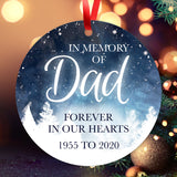 Personalized Ornament, In Memory Of Dad Forever In Our Hearts Ornament, Round Metal Ornament, Velvet Pouch Included