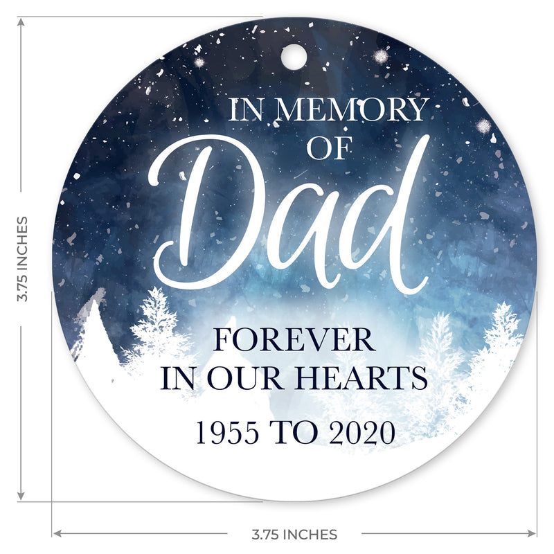 Personalized Ornament, In Memory Of Dad Forever In Our Hearts Ornament, Round Metal Ornament, Velvet Pouch Included