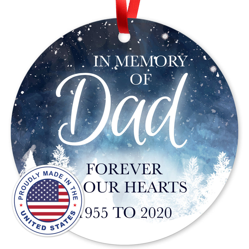 Personalized Ornament, In Memory Of Dad Forever In Our Hearts Ornament, Round Metal Ornament, Velvet Pouch Included