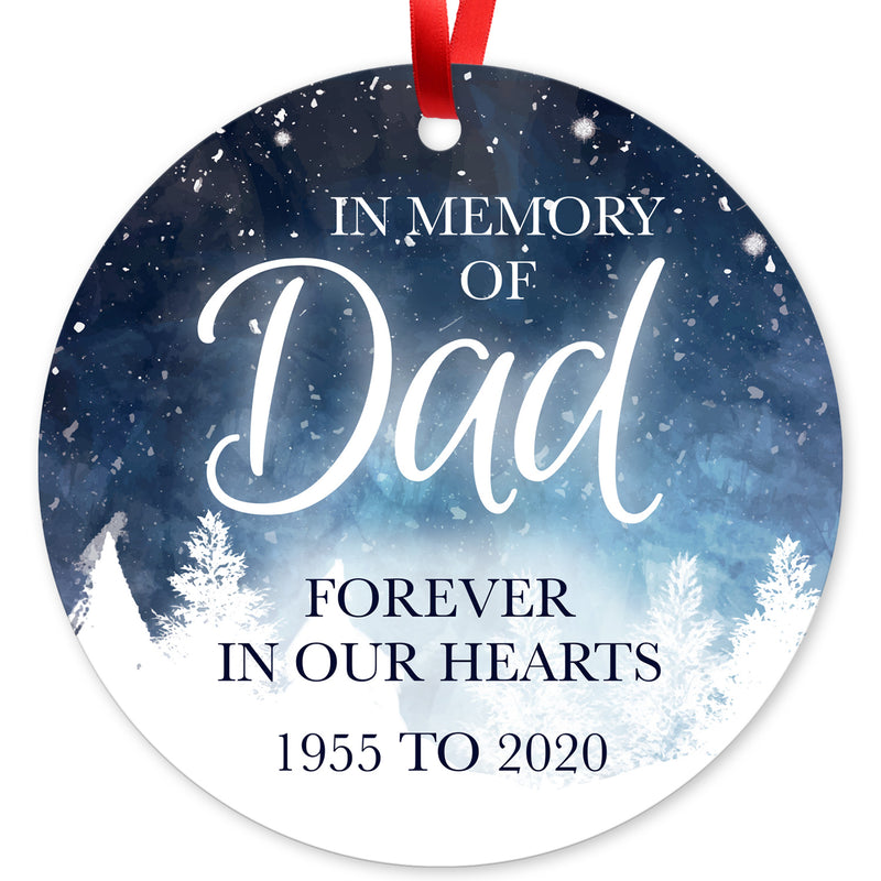 Personalized Ornament, In Memory Of Dad Forever In Our Hearts Ornament, Round Metal Ornament, Velvet Pouch Included